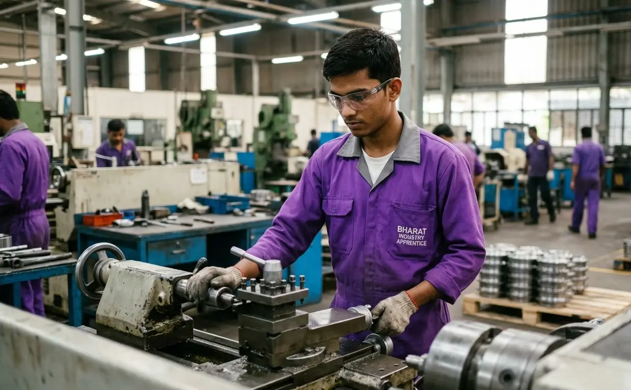 An apprentice in a work uniform and safety glasses at a lathe on a shop floor