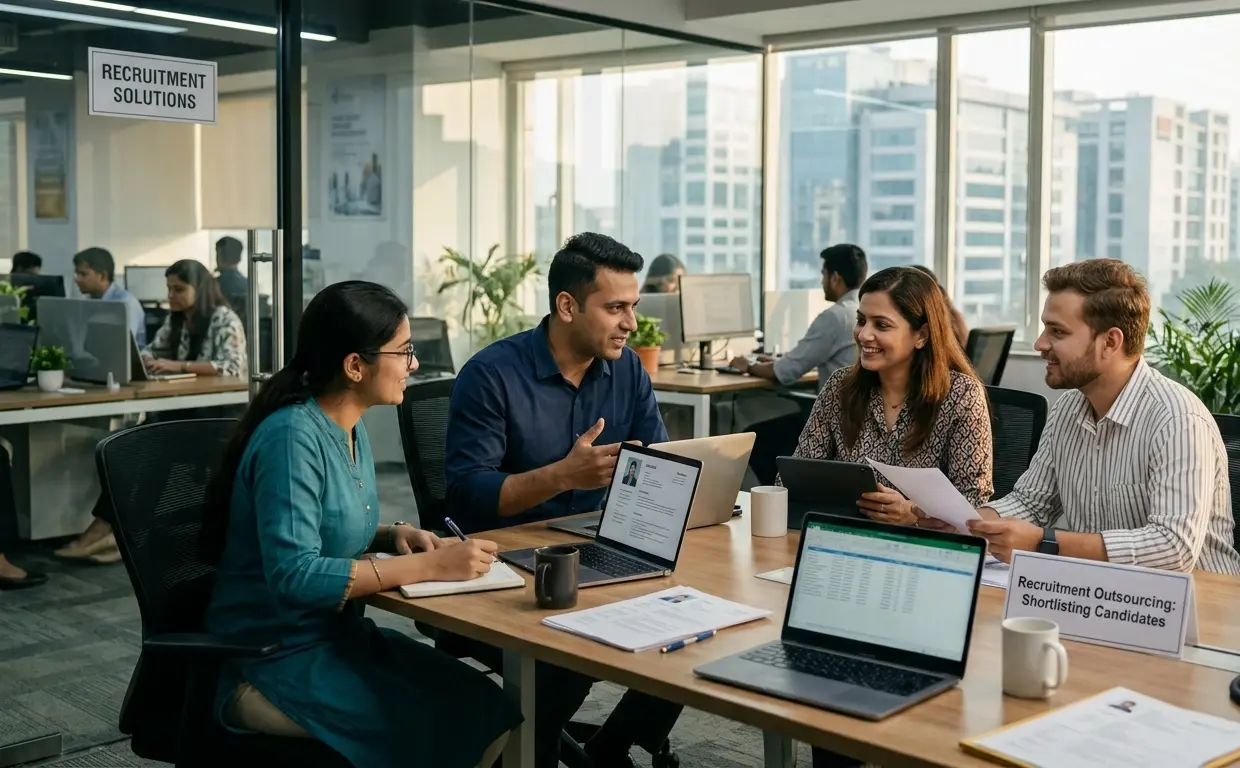Workforce recruiters discuss a shortlist of candidates at a desk